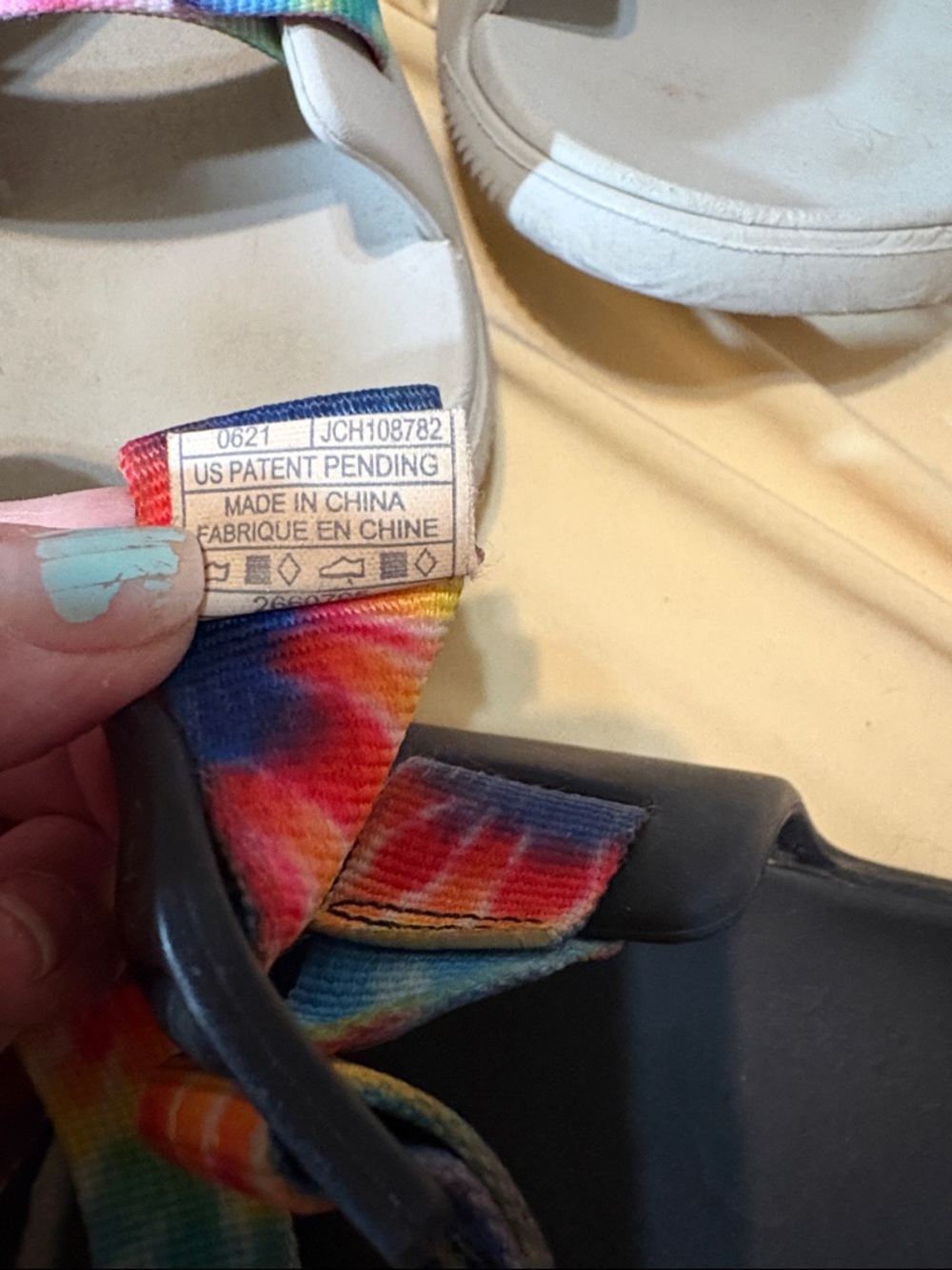 Chaco Slide Sandals in Beige and Black with Rainbow Tie-Dye Straps - Picture 9 of 11